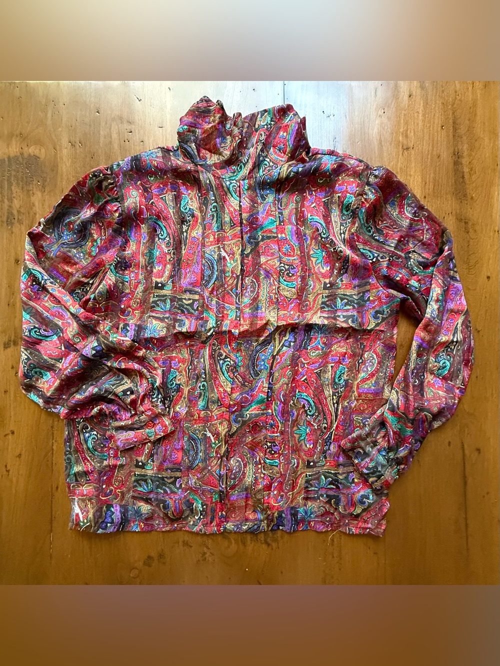 Vtg Disco Style 90s Satin NICOLA Multicolored Paisley Blouse with Mock Neck